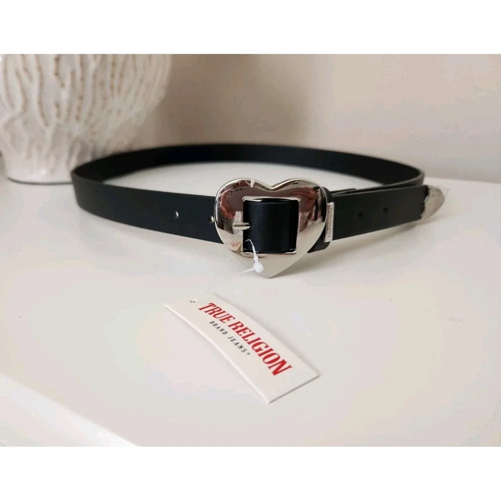 True Religion Silver Heart Buckle Belt Womens Faux Leather‎ Belt Black Size L/XL